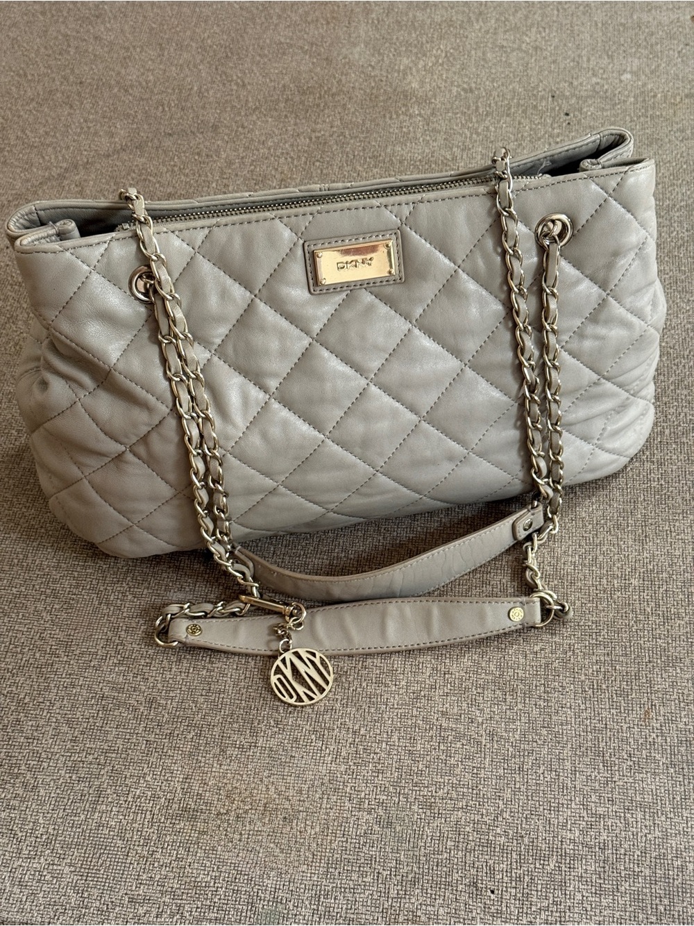 DKNY Leather Shoulder Tote in Taupe/Grey with Gold Hardware.  16” wide x 9”